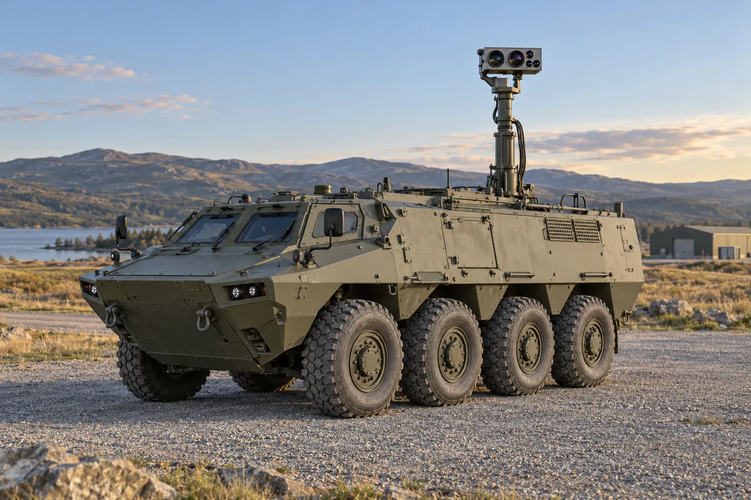 Larger eight-wheel armoured observation vehicle with an elevated camera at an open site.