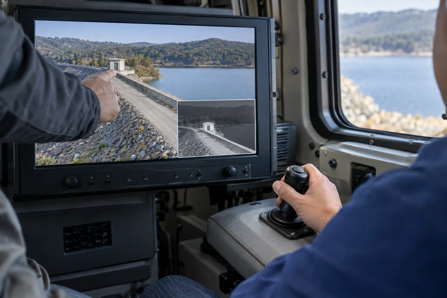 Crew members reviewing an access road on a vehicle screen, with a hand on the camera joystick.
