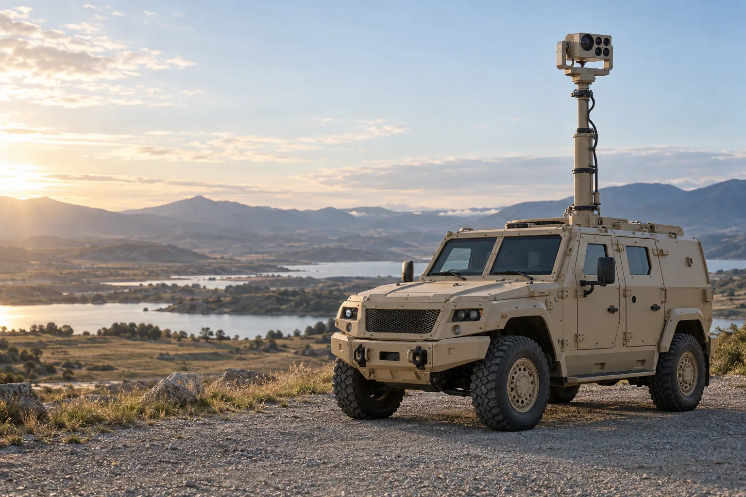 Parked light protected 4x4 with a camera raised above the roof on a vehicle mast.