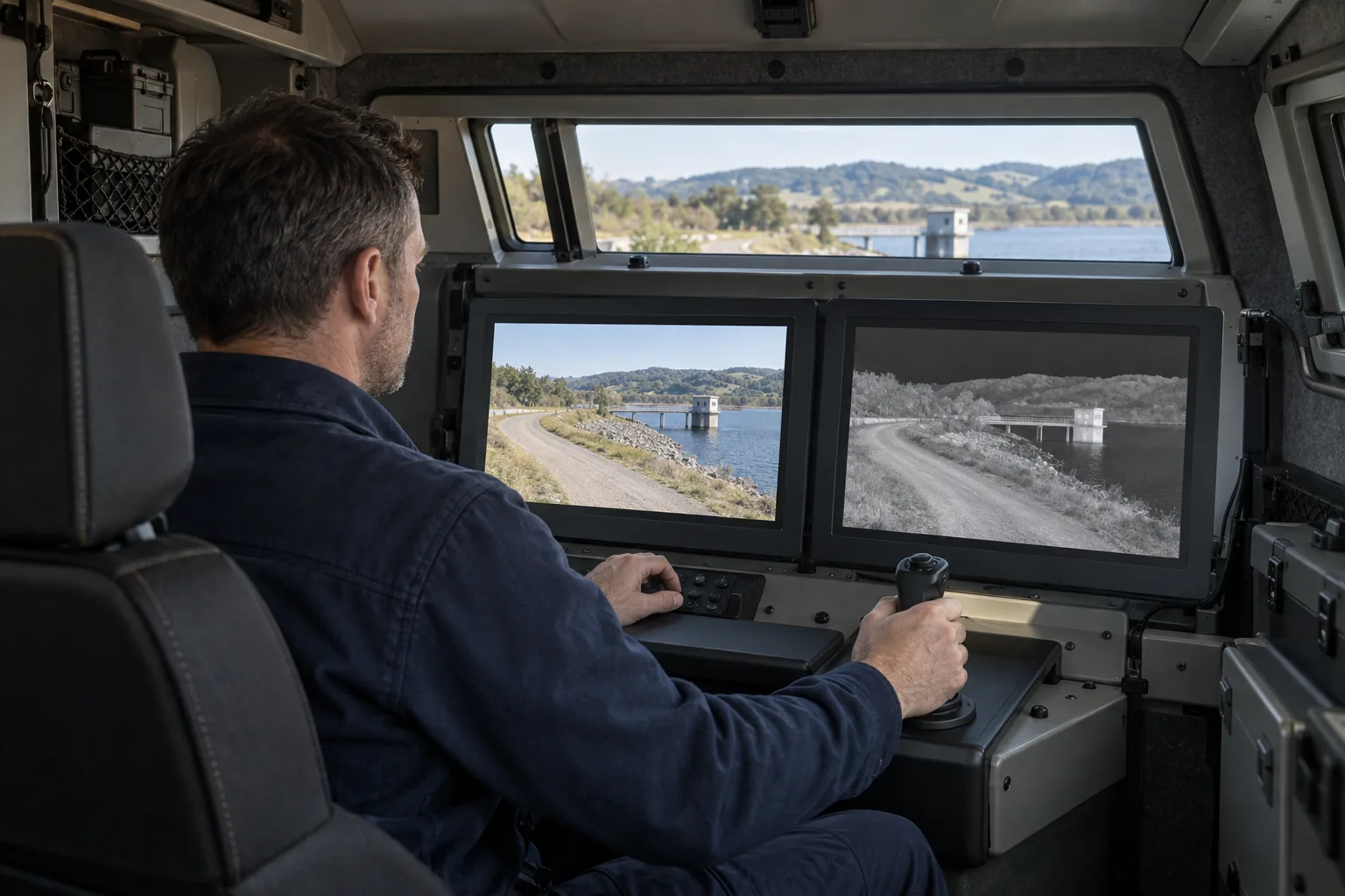 Seated vehicle operator using a joystick beside screens showing day and thermal views of an access road.