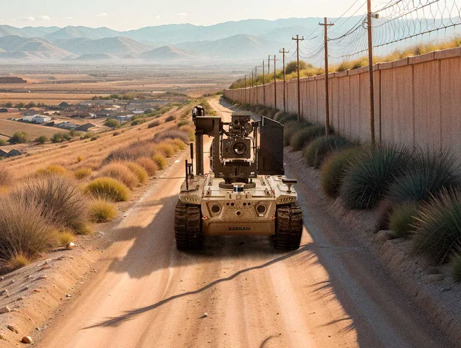 Tracked vehicle with raised mast patrolling a dirt road beside a long border wall and fence line.