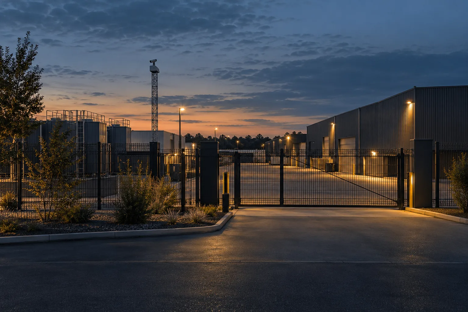 A surveillance camera overlooks the gate, access road and fence of an industrial site.