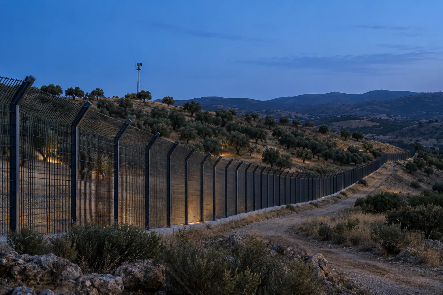 A fixed observation camera overlooks a long border fence and nearby open ground at dusk.