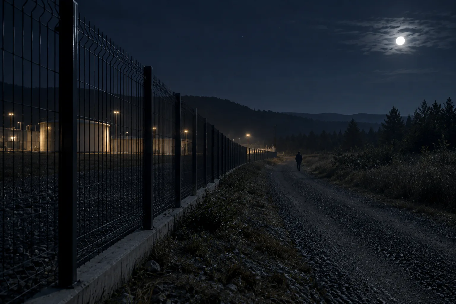 A person is difficult to see on a dark road beside a perimeter fence.