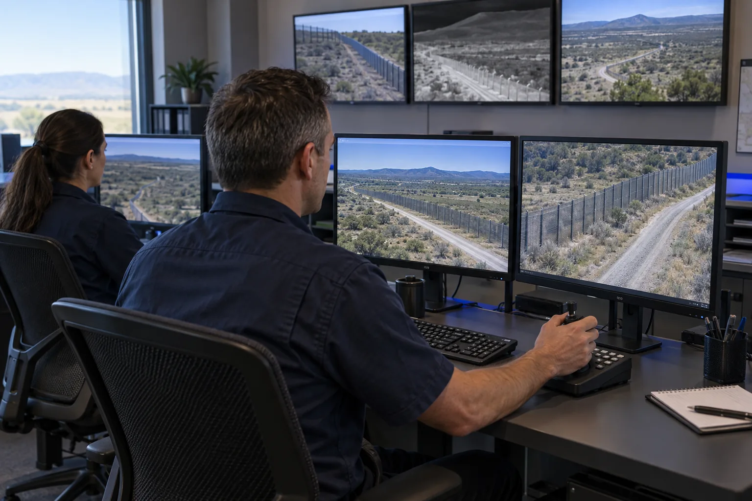 Control-room operators watch border camera views on screens, with one operator using a joystick.
