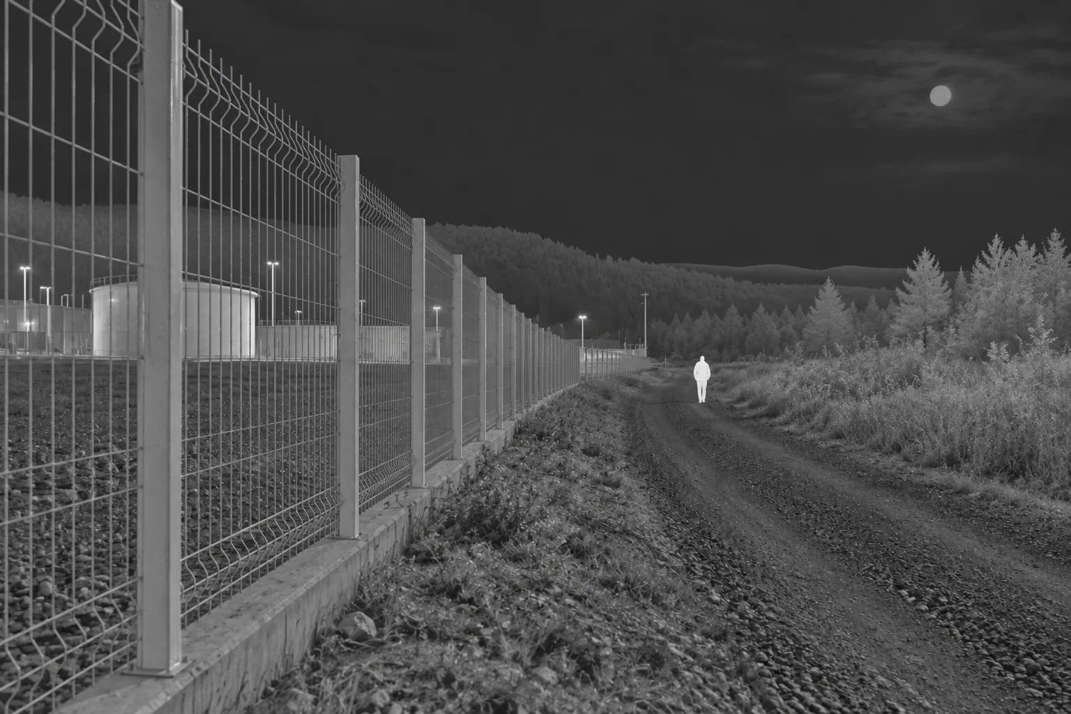A person stands out from the darker surroundings in a heat-contrast view of a fenced access road.