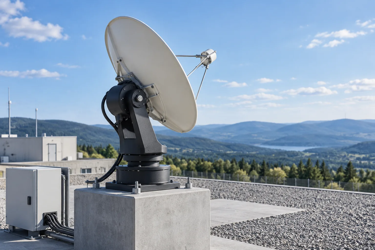A directional dish antenna on a short fixed positioning support beside an equipment cabinet.