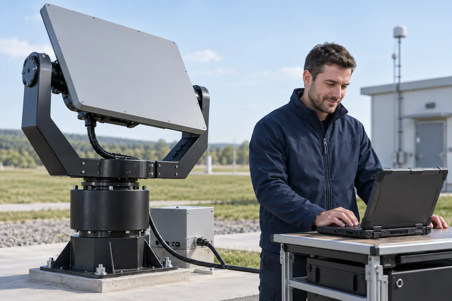 A technician using a laptop beside a radar panel and its turn-and-tilt support.