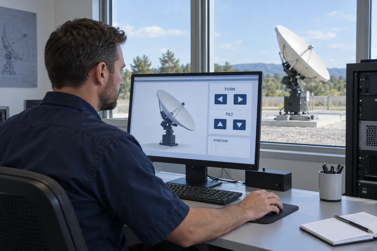 An operator using left, right, up and down controls on a computer, with the dish antenna visible outside.