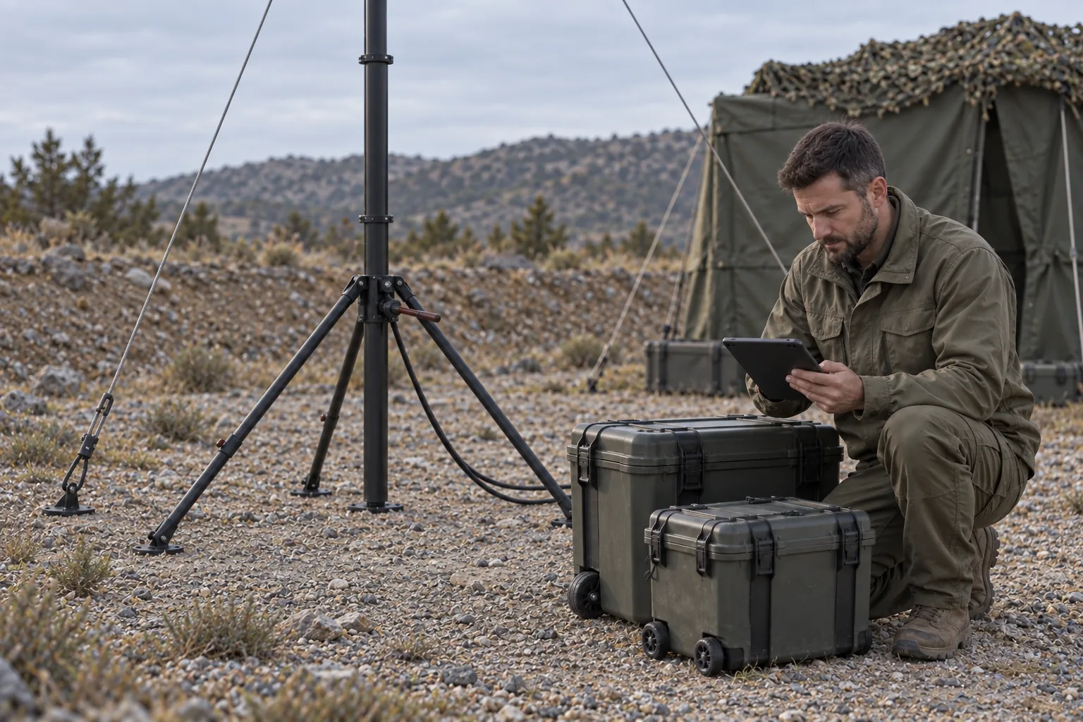 A field technician checks a tablet beside secured communications cases and the simple tripod base of a manually raised antenna mast.