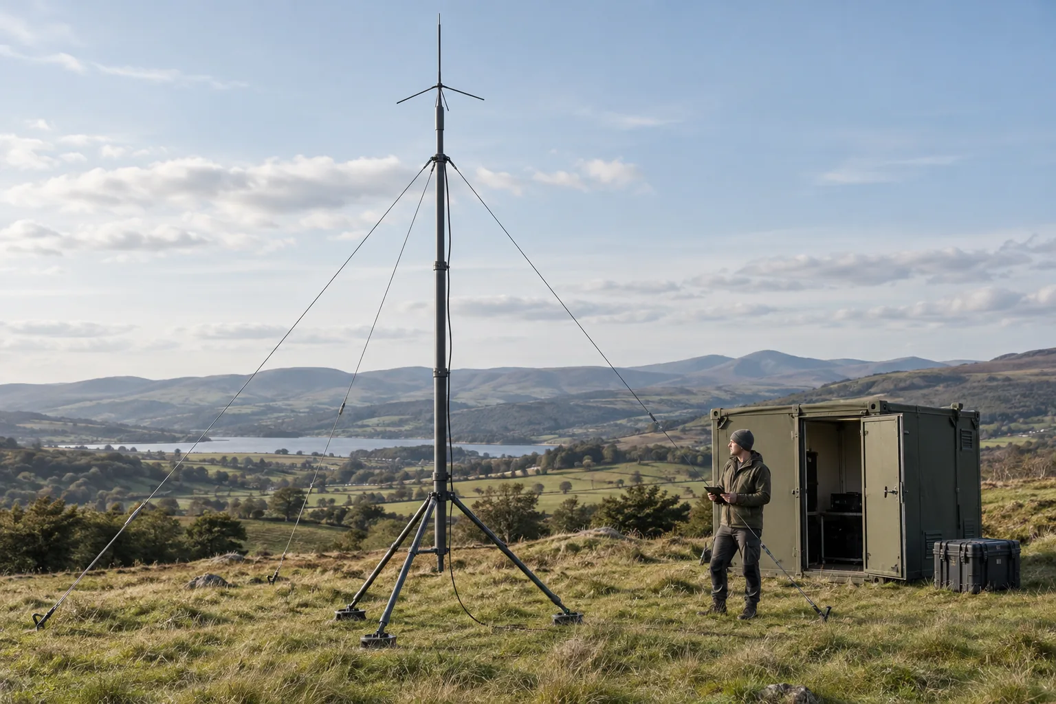 A portable tripod mast supports a whip antenna beside a field shelter overlooking a valley.