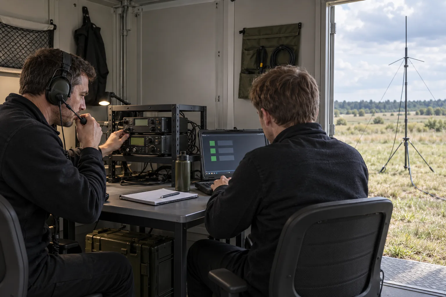 Two operators use radio equipment and a computer inside a field shelter, with the antenna mast visible outside.