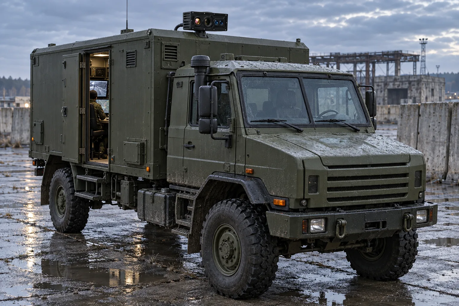 A command truck carries a compact SEB20 camera on a short fixed roof mount while an operator works inside.
