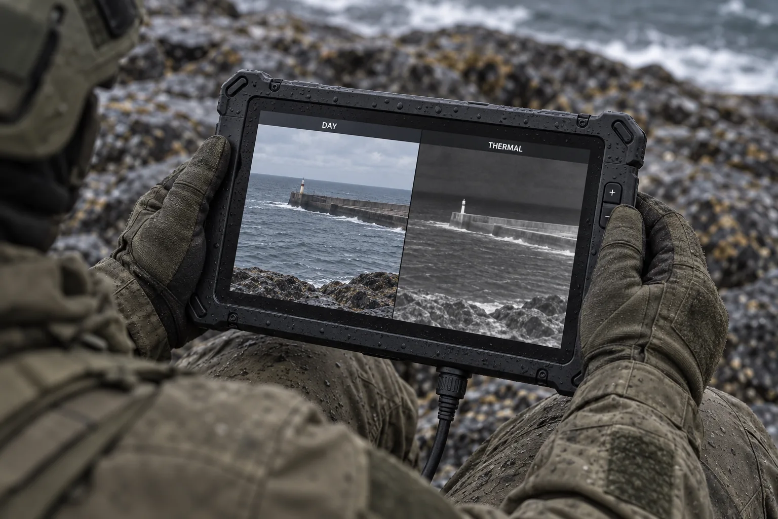 A field operator holds a rugged display showing day and thermal views of a coastal breakwater.