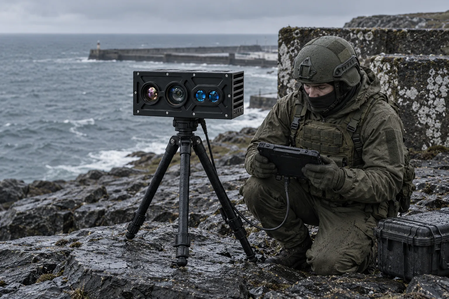 A field operator uses a handheld display beside a compact SEB20 camera on a low tripod at a coastal observation position.