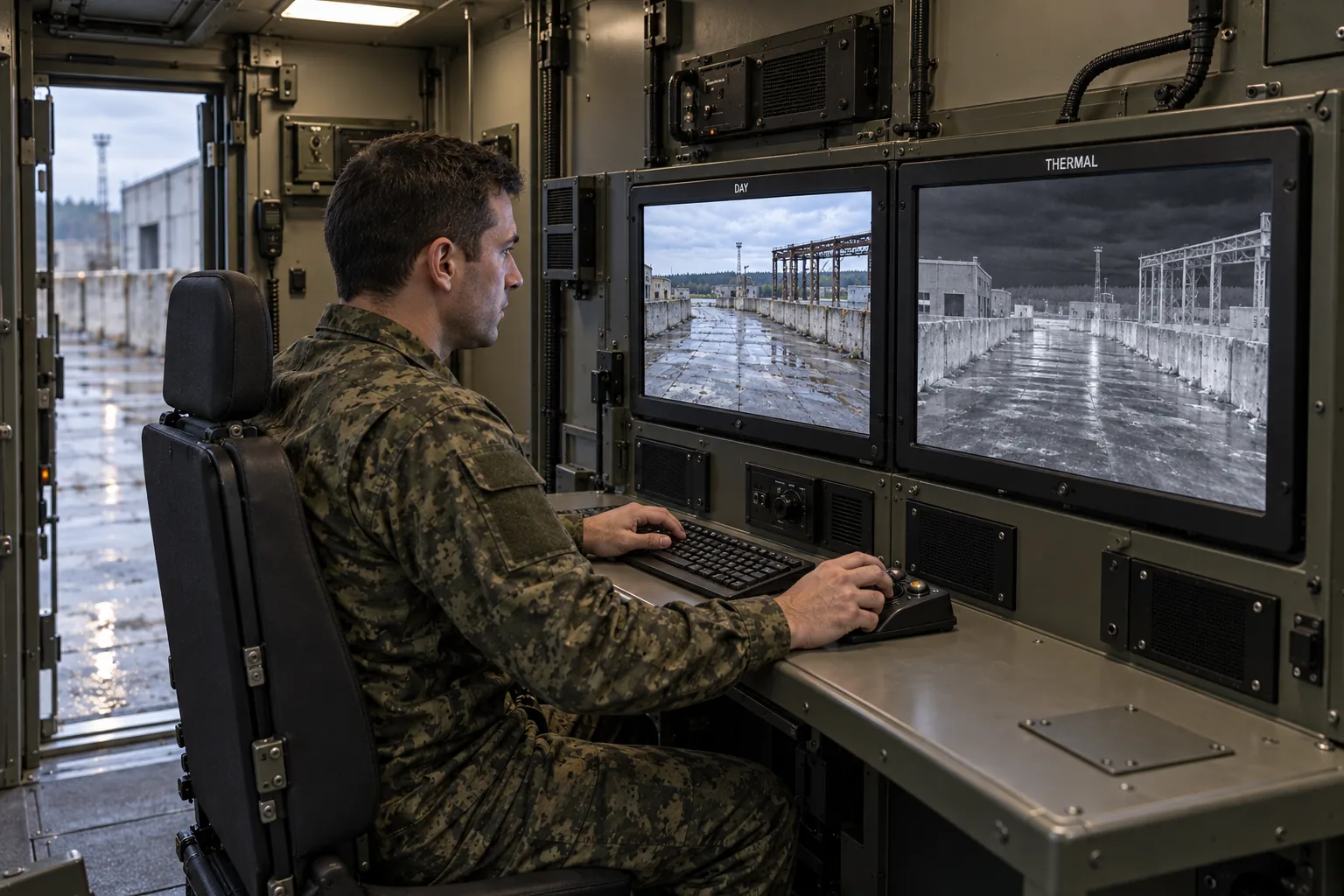 An operator inside a command vehicle compares day and thermal camera views at a fitted workstation.