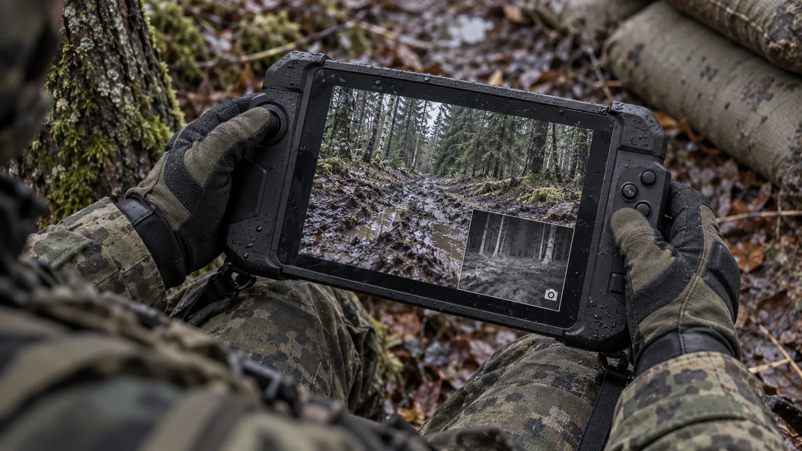 An operator uses a handheld controller to view a woodland path in day and thermal images.