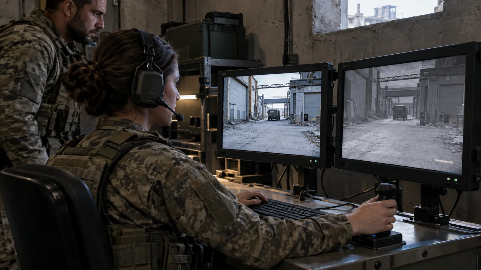 Military operators use a joystick and day and thermal displays from a protected industrial control room.