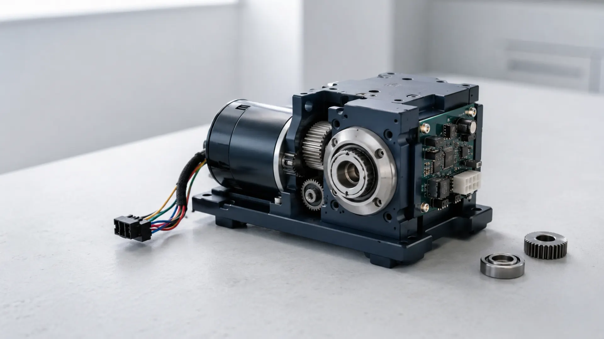 An open drive unit on a bench: brushed motor, reduction gear train, an output bearing flange and a driver board on the side, with a spare gear and bearing beside it.