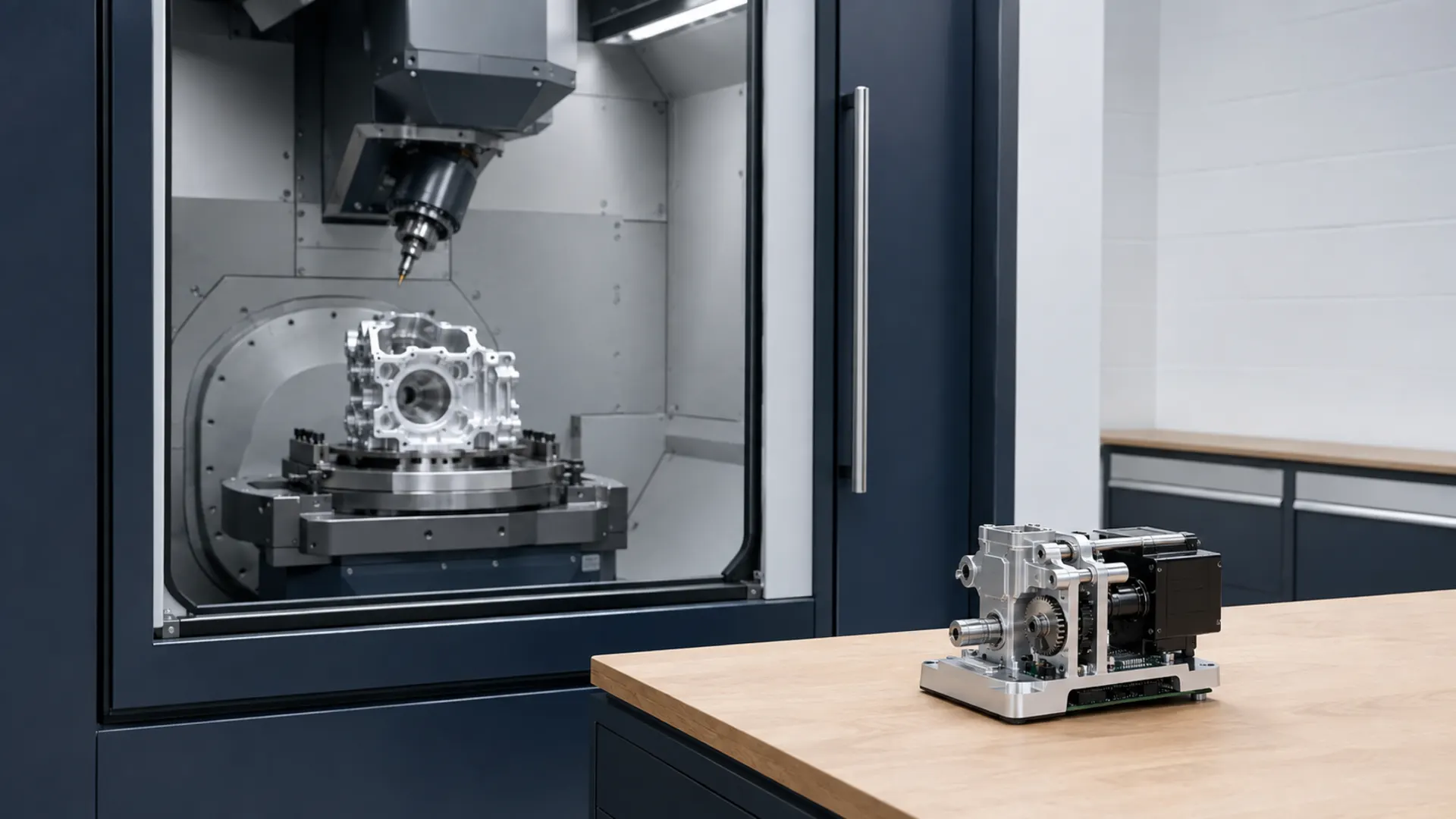 A five-axis machining centre cutting an aluminium housing behind its window, with a finished drive unit on the bench in the foreground.
