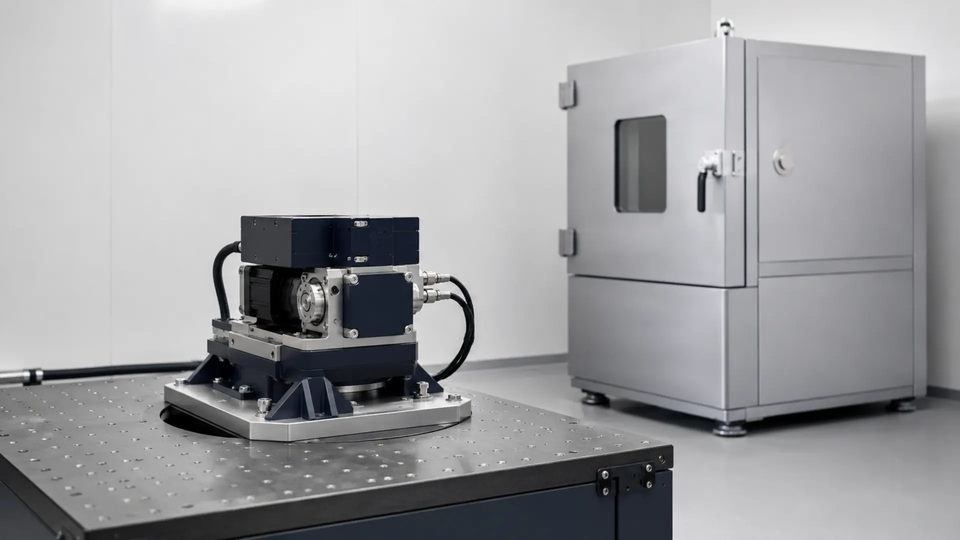 A pan-tilt unit bolted to a slip table in front of a closed environmental test chamber.