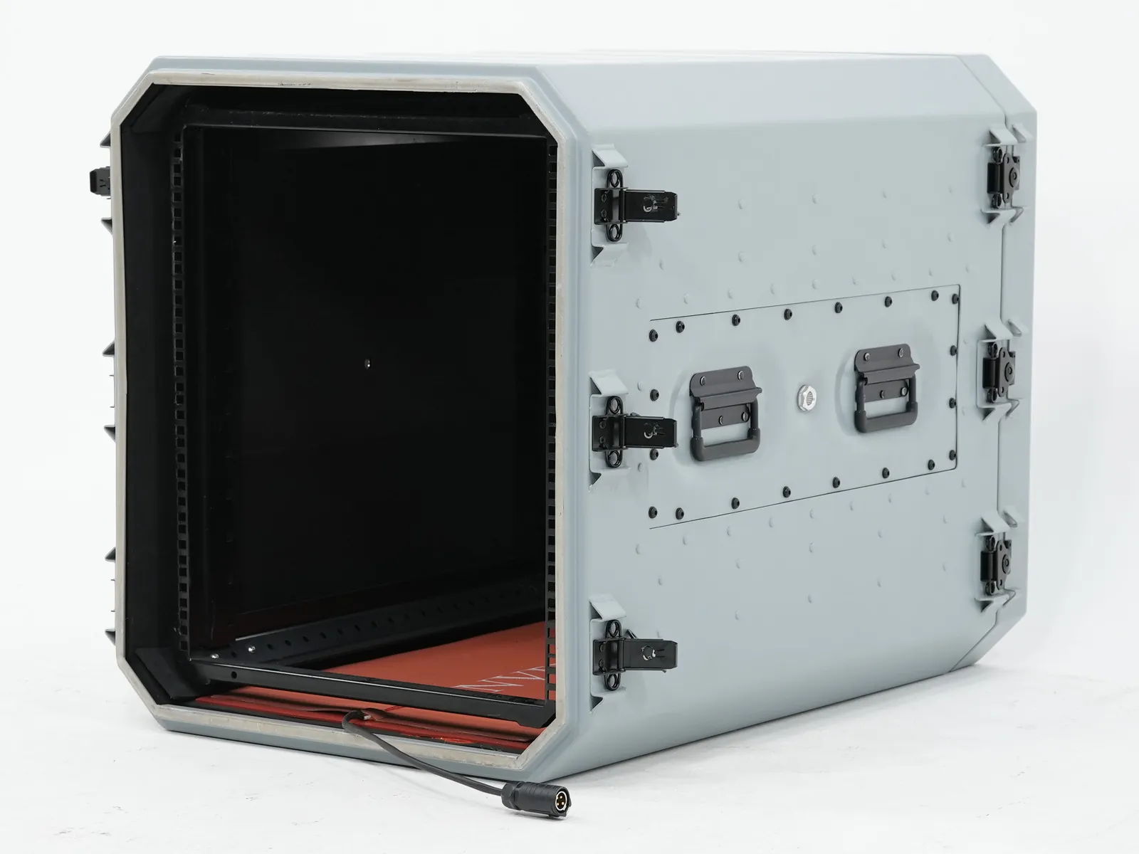 Cabin with the cover open at three-quarter angle, showing the internal volume, rails and power cable