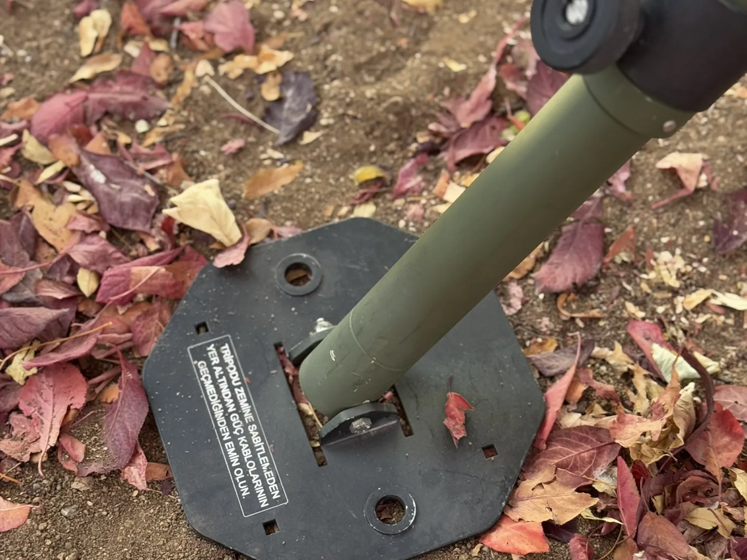 Base pad and its joint at the end of a leg, on leaf-covered ground