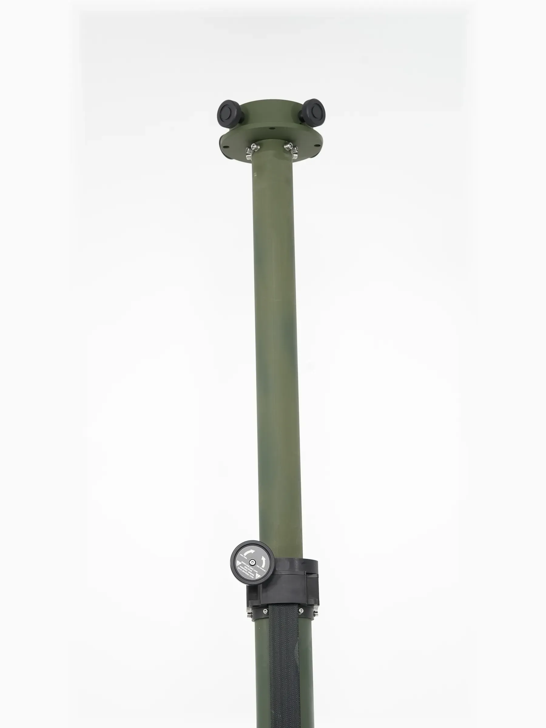 Extended slim mast tube with flanged top plate and mid-height black locking collar, shot from below.