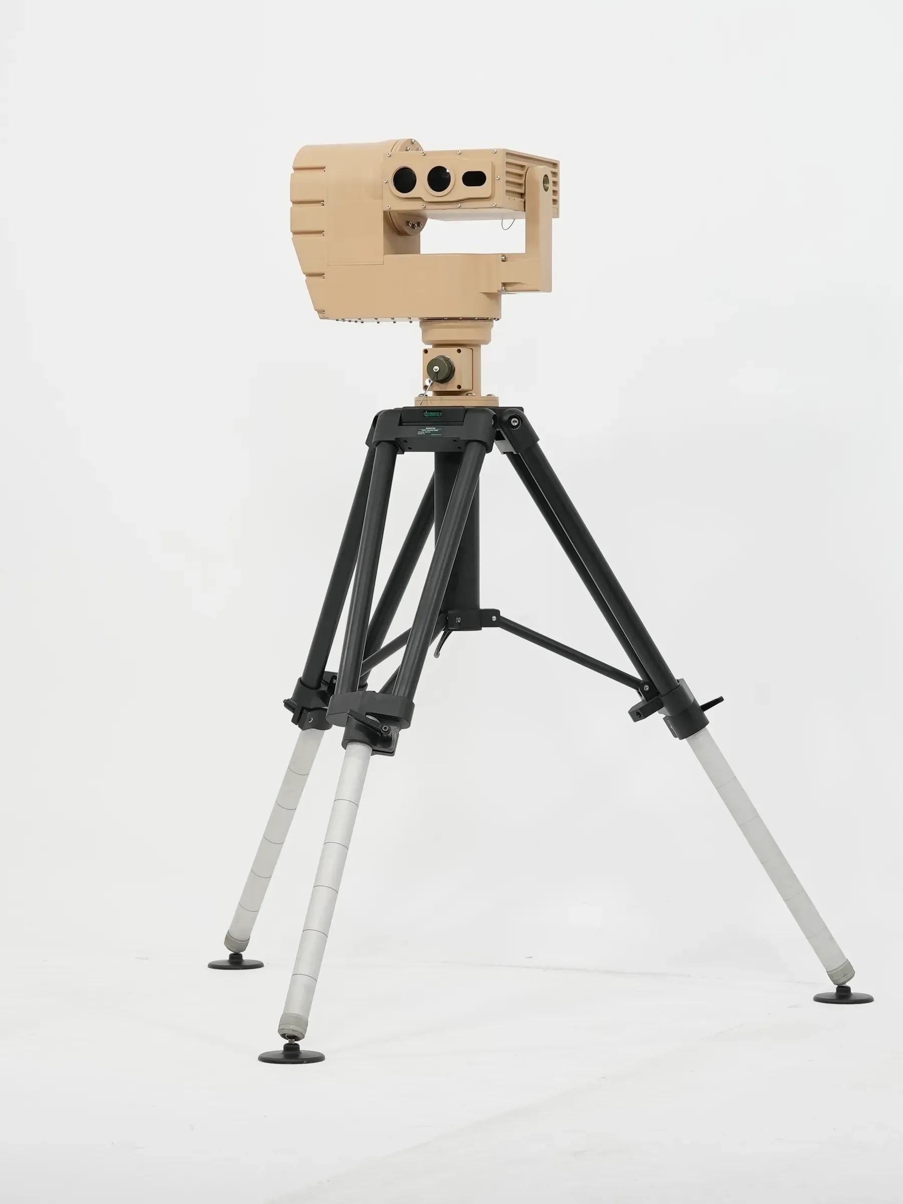 Full-length view of the tan PED12 positioner on a tripod, optics head turned to the right.