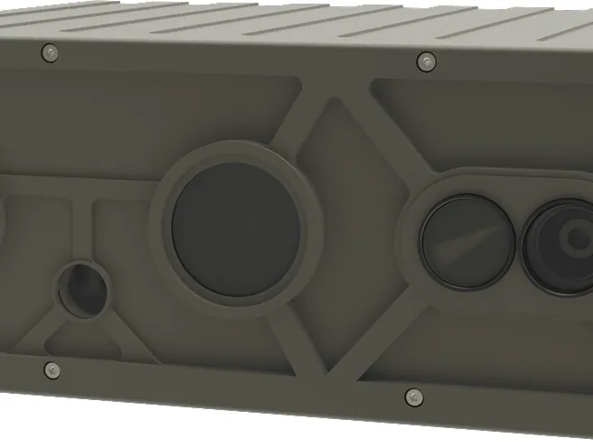 Render of the rectangular SEB20 thermal imager module showing four front optical apertures on its long face.