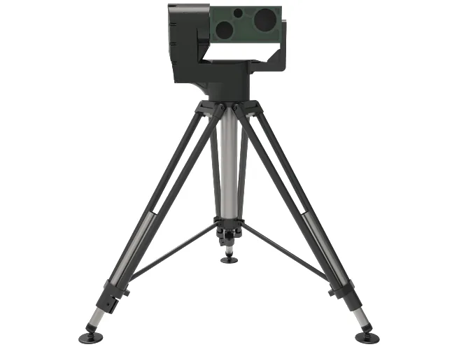 Render of the PED12 positioner with SEB20 payload mounted on a TMH10 heavy tripod, full front view.