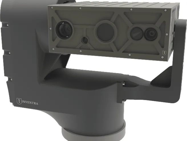Render of the dark grey SEB20 module in a positioner yoke, front three-quarter view with Inventra marking.