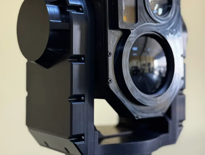 Angled close-up of the SEG14 gimbal showing lens barrels, laser window and side covers.