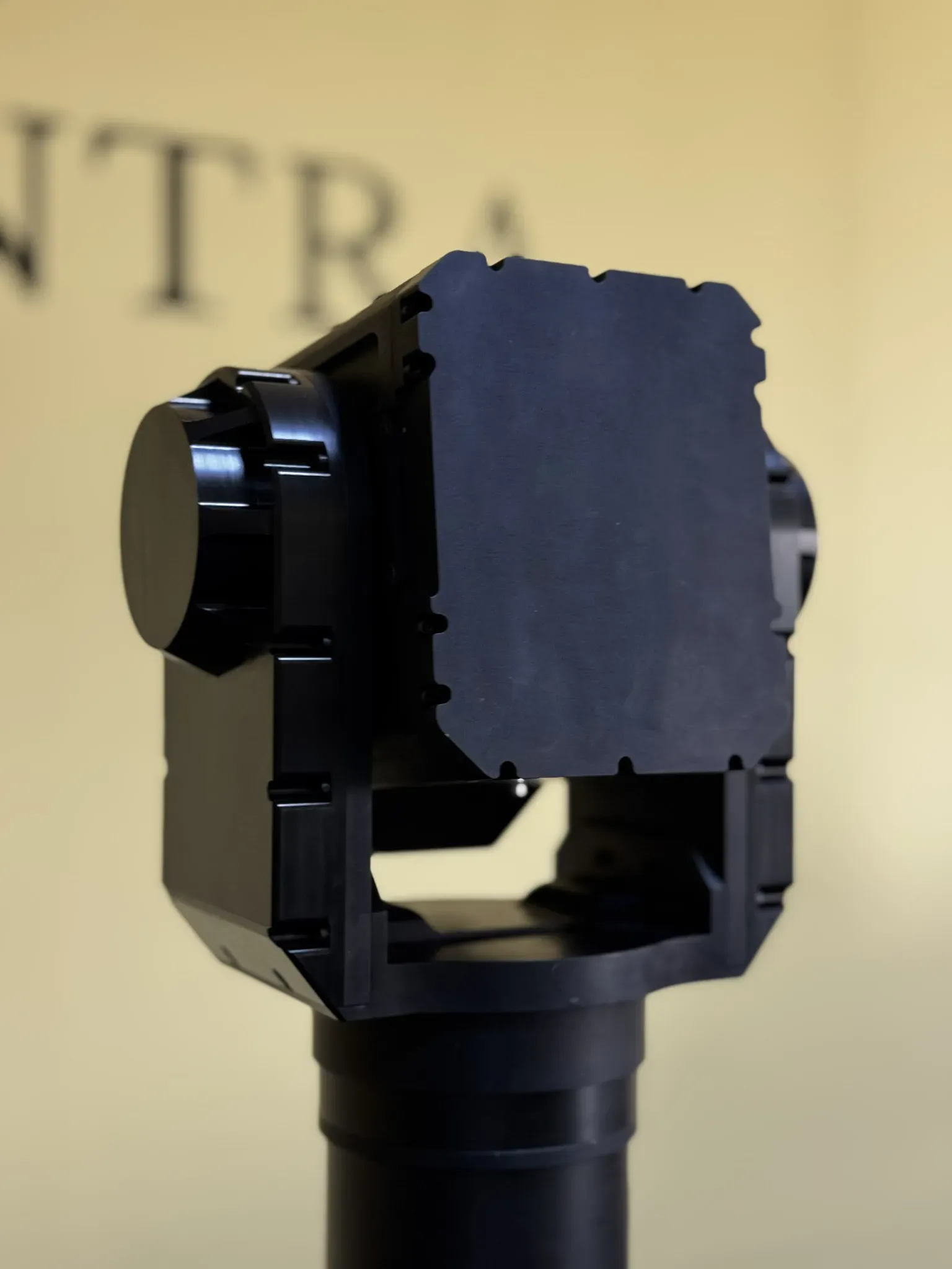 Side view of the SEG14 gimbal with the protective lens cover fitted over the sensor face.