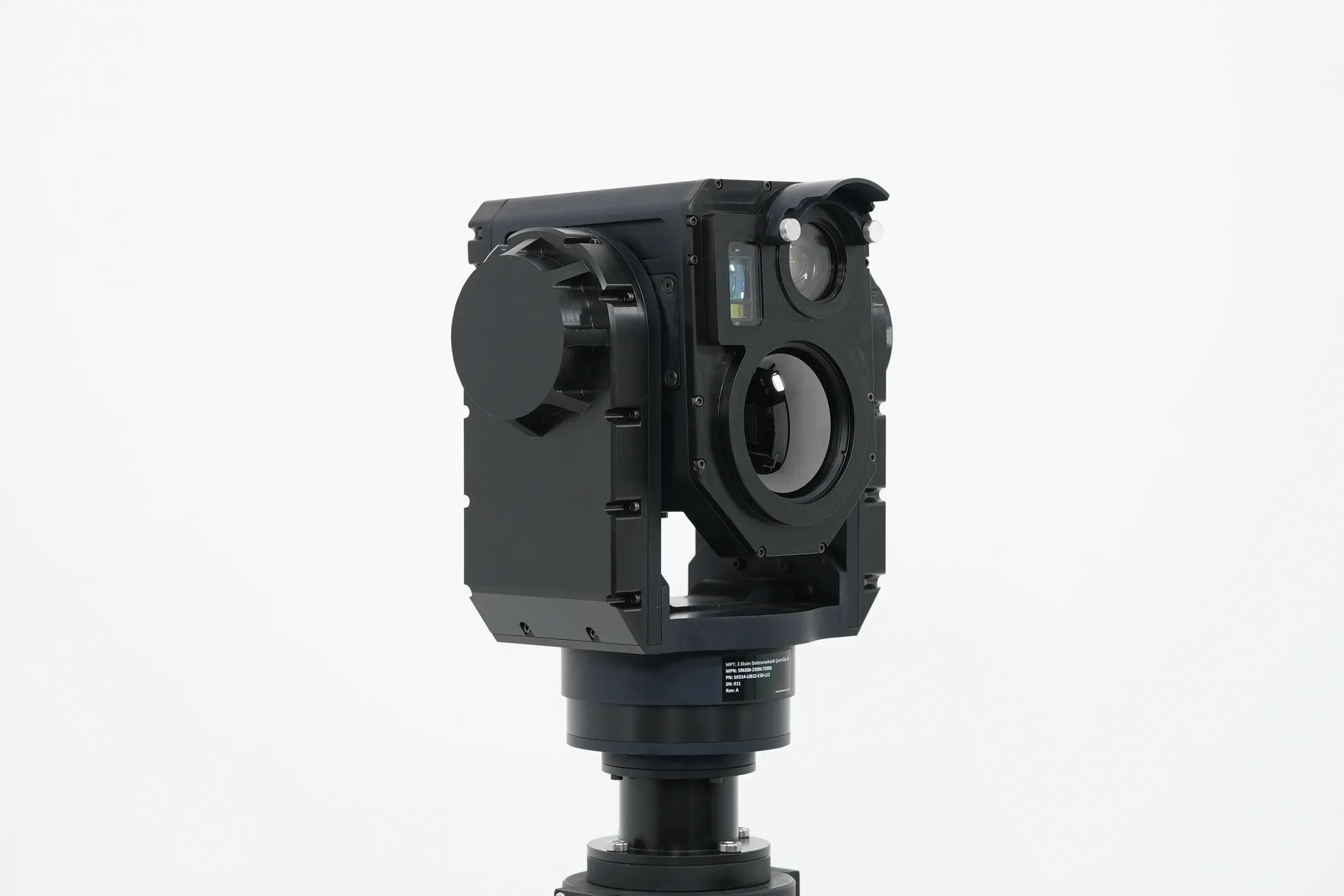 Three-quarter view of the SEG14 gimbal on a short mast, subject small in frame.
