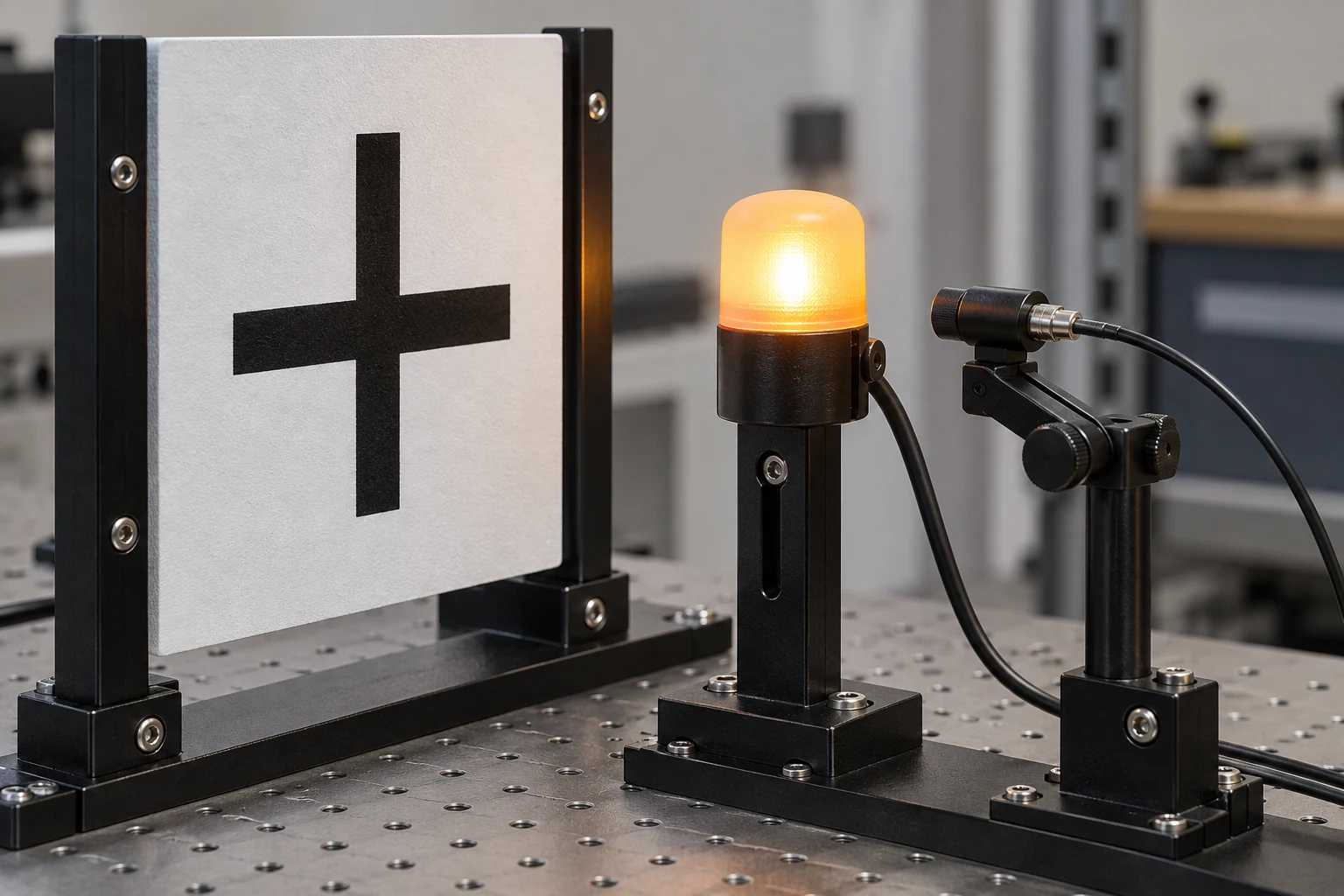A pulsed amber light beside a black cross target has a separate photodiode pickup aimed at the light, with independent cables for drive and optical detection.