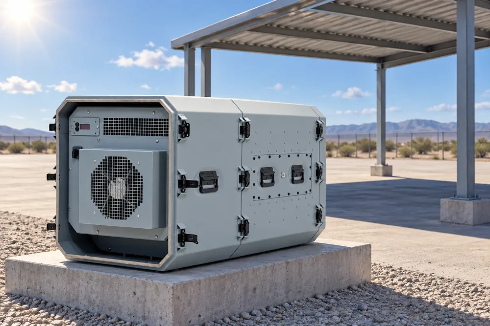 Grey ACP20 climatic rack in sunlight on a concrete plinth, with an open-sided sunshade and clear space around its cooling end.