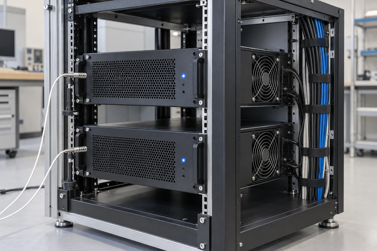 Generic laboratory rack with two electronic loads, probes near their front intakes, side fan grilles and cables routed along the frame.
