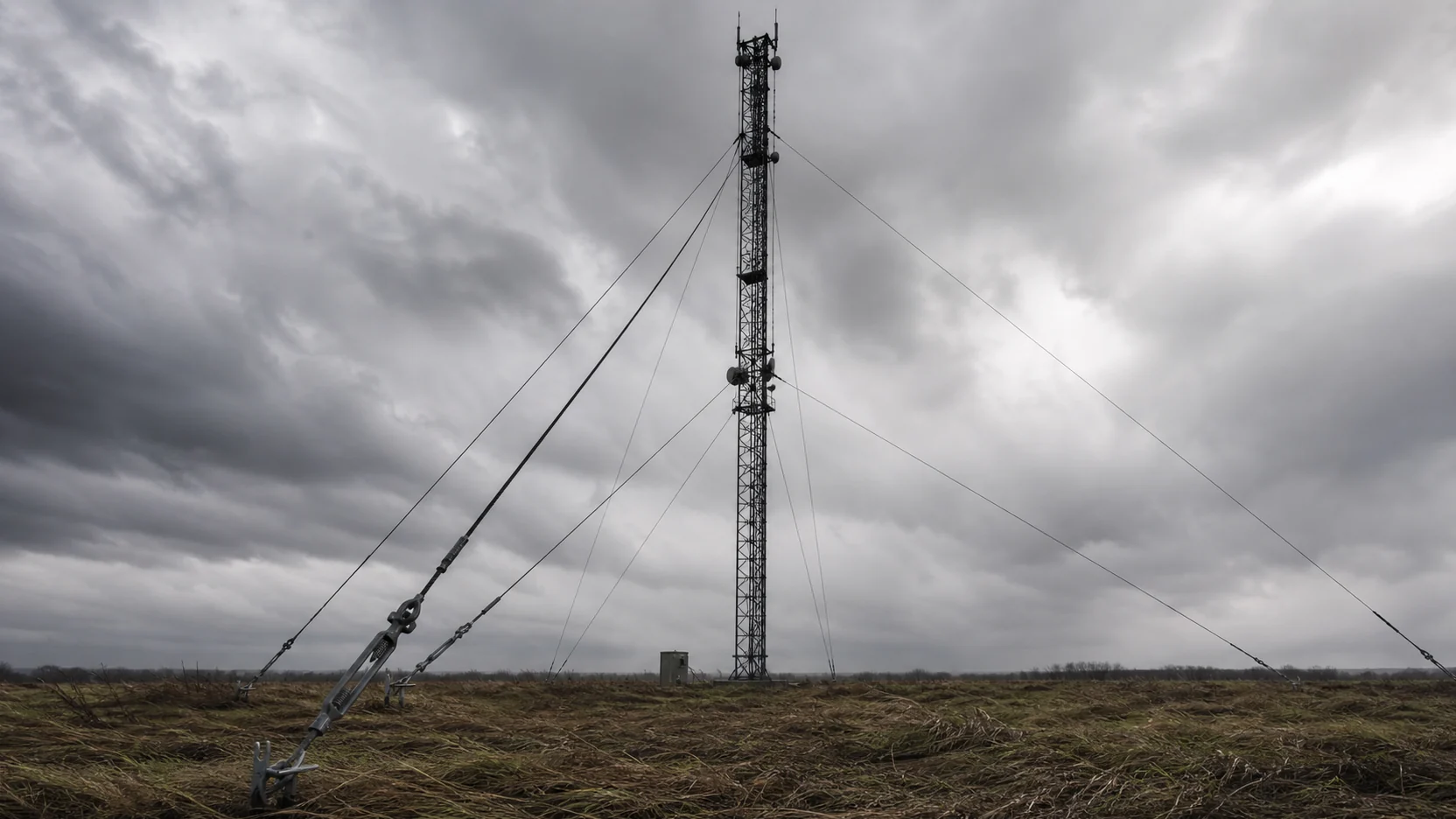 A guyed lattice mast against a heavy storm sky, its diagonal guy cables held by tensioners and ground anchors above wind-flattened grass