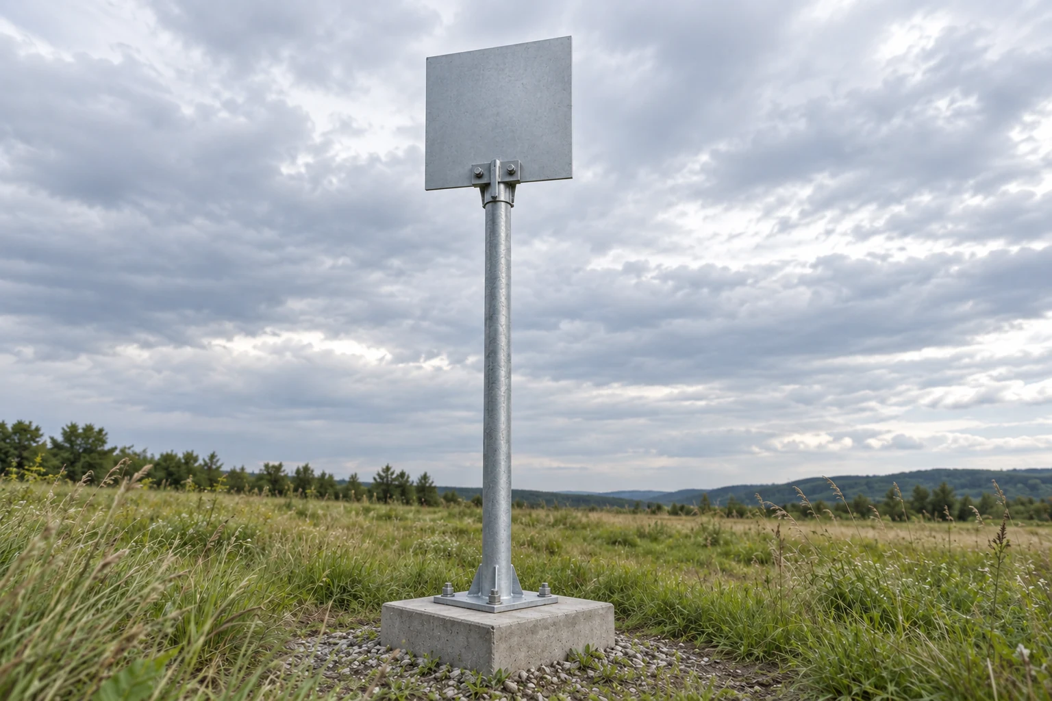 An upright equipment panel on a straight steel support connects through a base plate and corner anchors to a concrete pedestal in an open field.