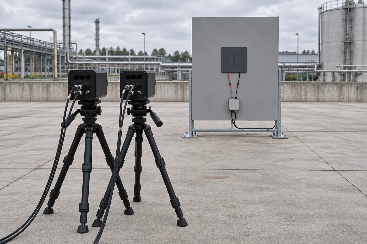 Two cameras on adjacent tripods face one heated test plate with a narrow vertical gap against a larger grey background.