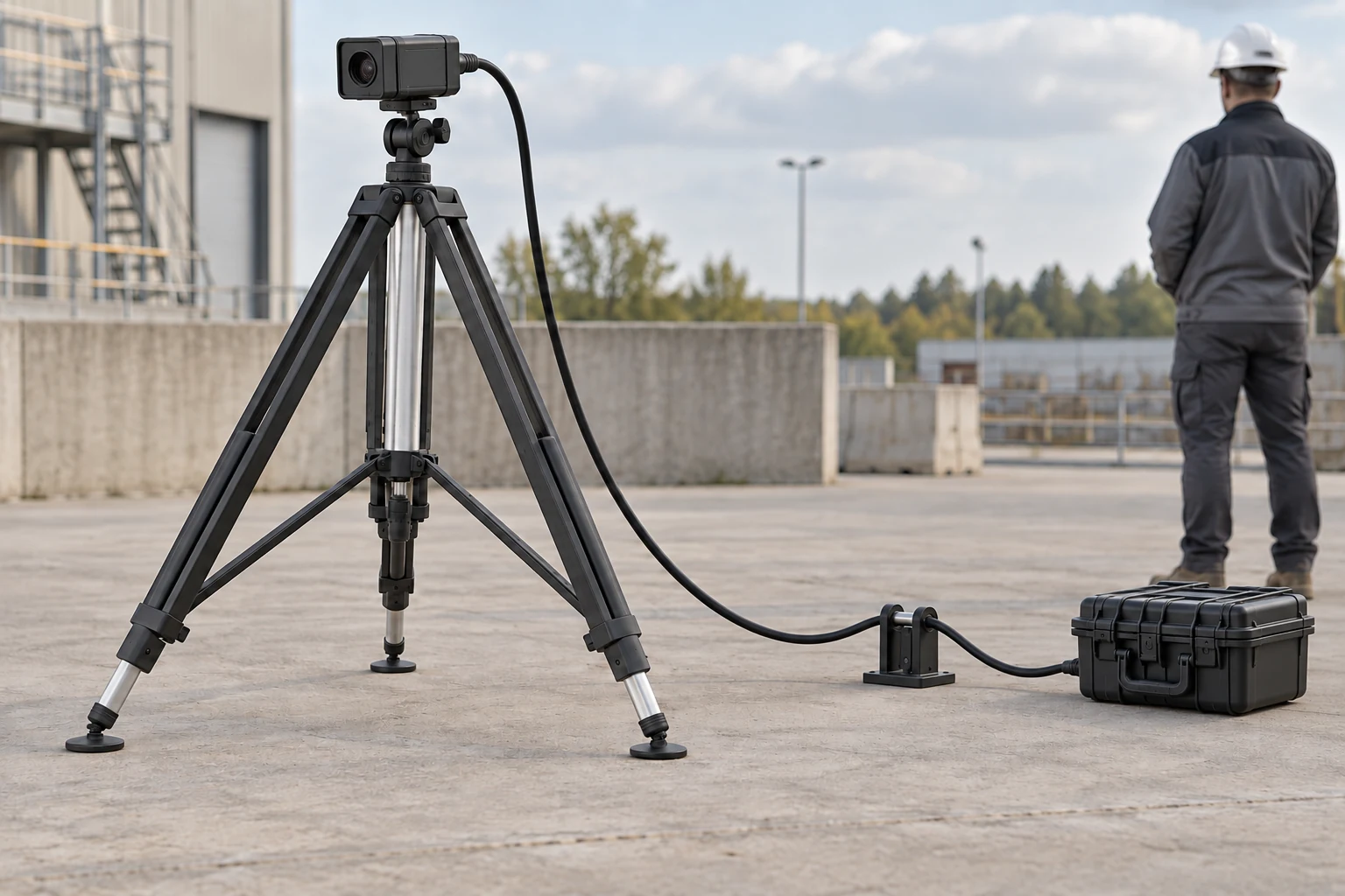 Tripod-mounted camera with a broad cable curve leading to a separate low cable support and an equipment case on concrete.