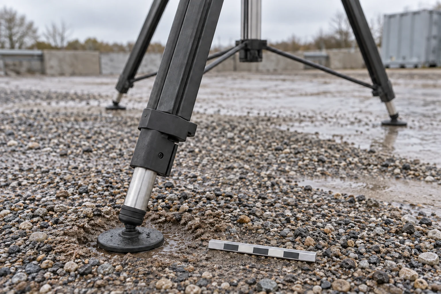 Close view of a round tripod foot pressing into damp fine gravel, with two other feet on firmer ground behind it.