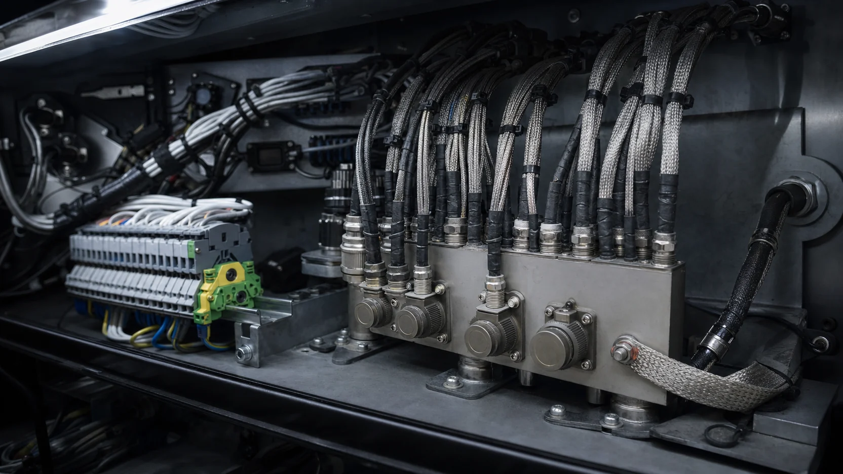 Vehicle equipment bay: braided cable looms terminating at rows of circular panel connectors, beside terminal blocks and a bolted grounding strap