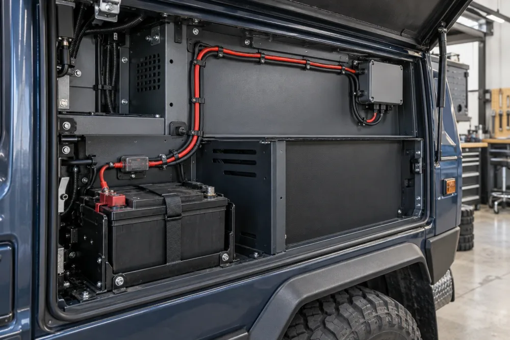 Open vehicle service bay with a battery, protected power connection and a long paired cable route to an electronics enclosure.