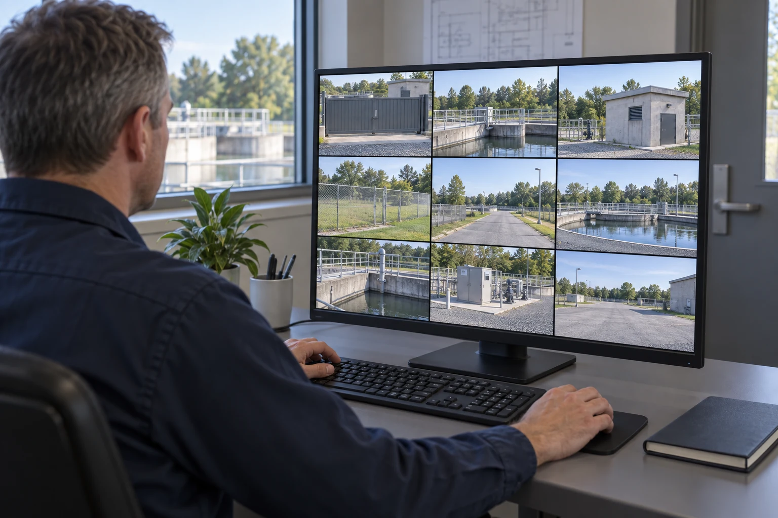 An operator views nine industrial-site images arranged in a three-by-three grid on one desktop monitor.