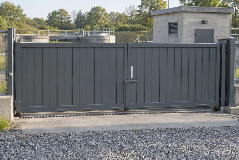 A grey service gate at a water-treatment yard has a narrow white reference stripe beside its latch.