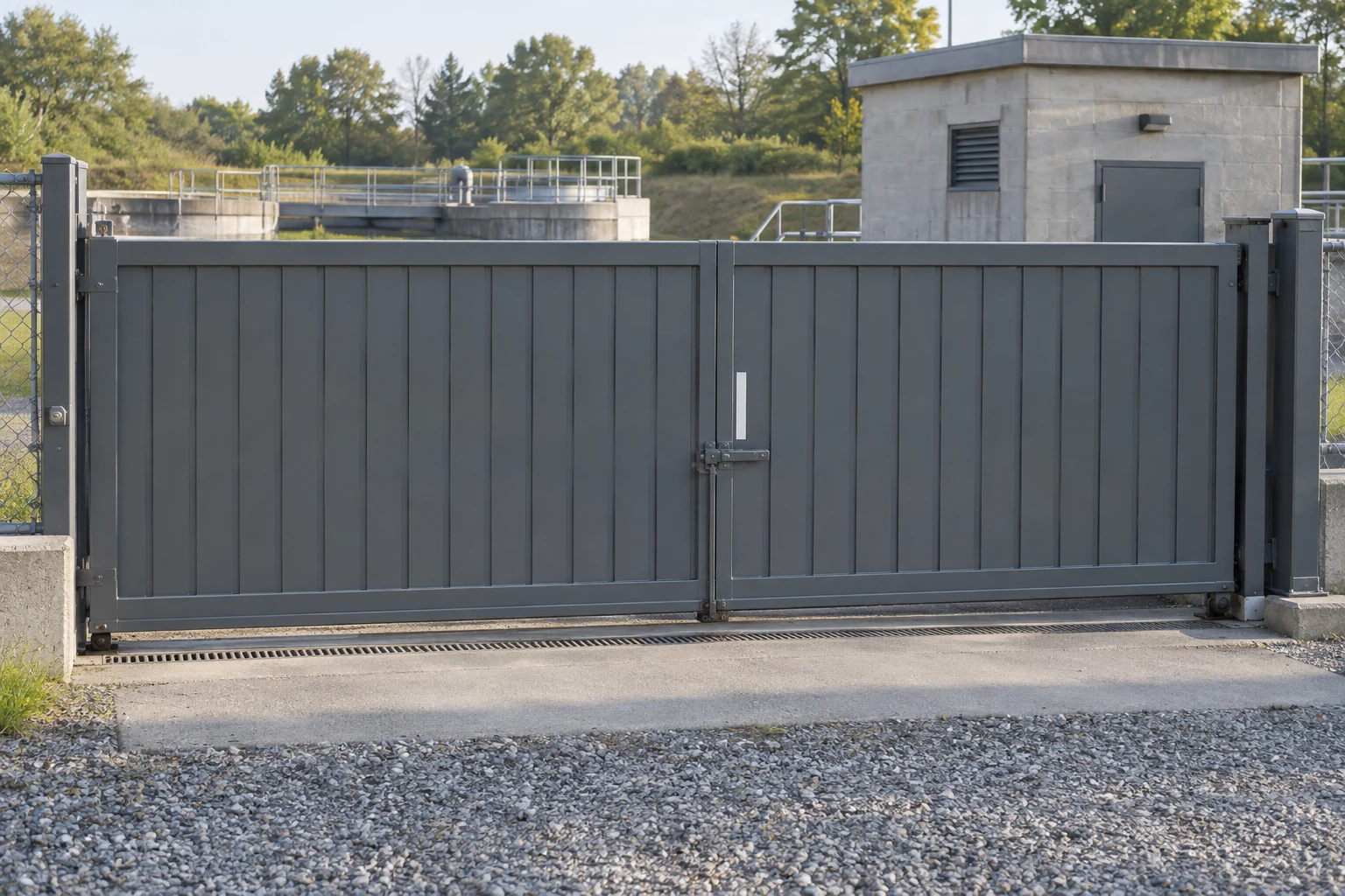 A grey service gate at a water-treatment yard has a narrow white reference stripe beside its latch.