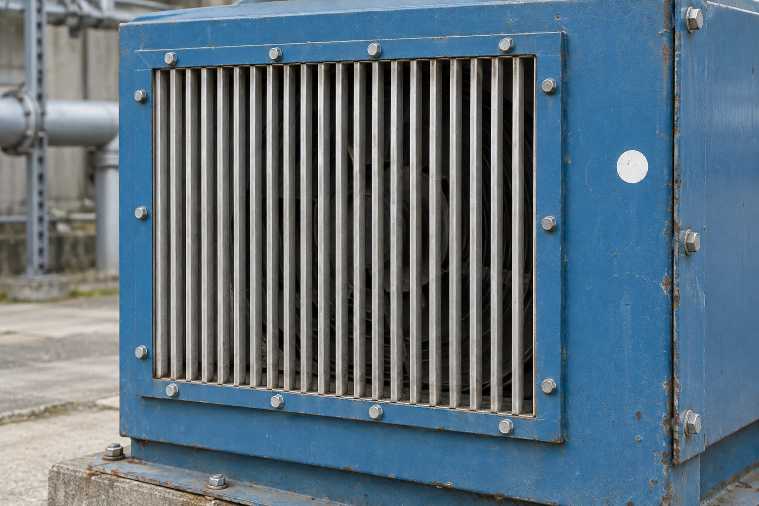 A blue industrial ventilation housing has narrow gaps between silver grille slats and a broad white painted mark beside them.
