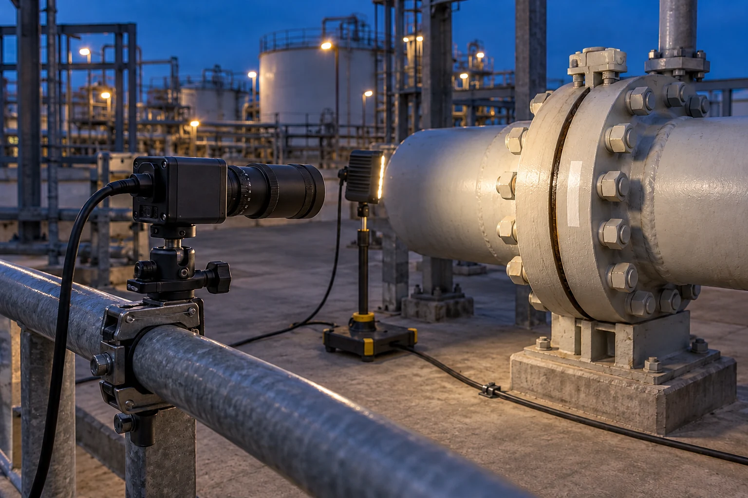 A compact camera faces a bolted pipe flange at twilight, with a portable inspection light directed toward the flange.